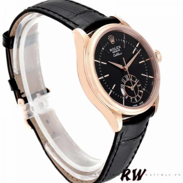 Rolex Cellini Dual Time 50525 Cadran Noir Bracelet Cuir Noir 39mm Montre Réplique Homme – Image 3