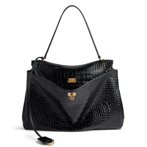 Sac Balenciaga Rodeo Grand modèle en cuir de veau embossé crocodile noir