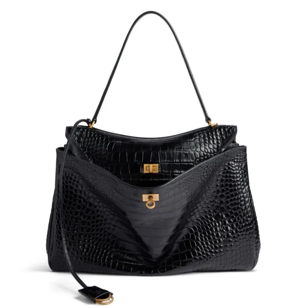 Sac Balenciaga Rodeo Grand modèle en cuir de veau embossé crocodile noir