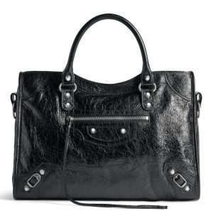 Sac Balenciaga Le City taille moyenne en cuir d’agneau Arena noir