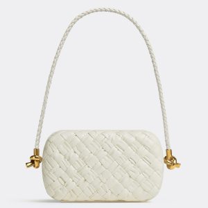 Fausse Bottega Veneta Knot Minaudiere sur Bandoulière en Cuir Intreccio Foulard Blanc