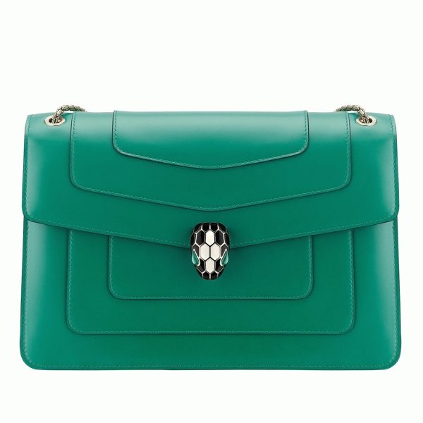 Grand sac à bandoulière Bvlgari Serpenti Forever en cuir de veau vert