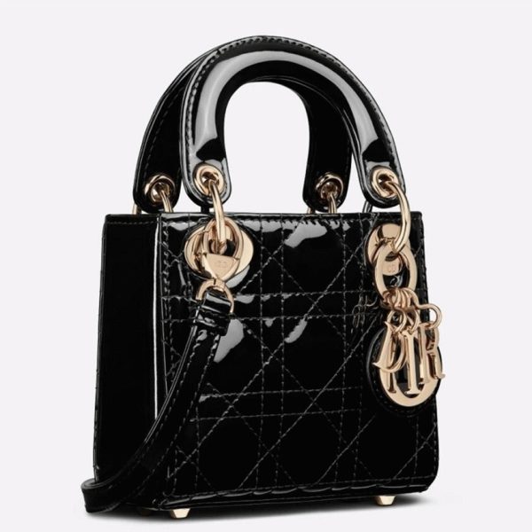 Réplique Micro Sac Lady Dior en veau verni cannage noir