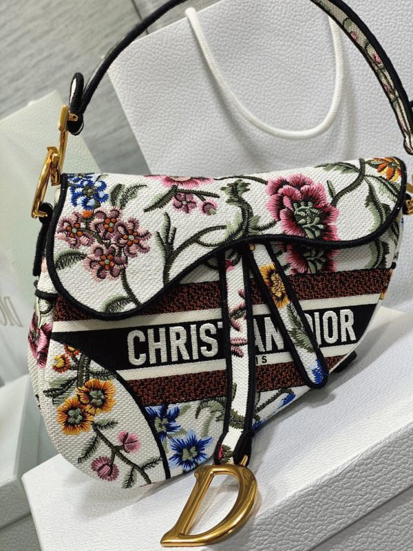 Fausse Sac Saddle Dior en broderie Petites Fleurs multicolores blanches – Image 3