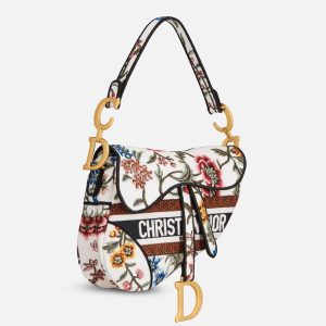 Fausse Sac Saddle Dior en broderie Petites Fleurs multicolores blanches