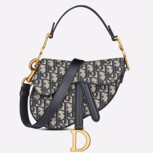 Fausse Mini Sac Saddle Dior avec bandoulière en jacquard Oblique bleu