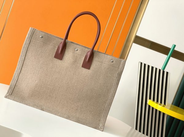 Sac Cabas Saint Laurent Rive Gauche en Lin Blanc et Cuir Marron – Image 8