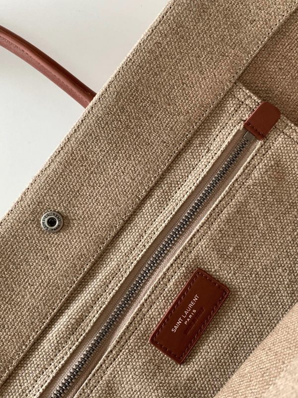 Sac Cabas Saint Laurent Rive Gauche en Lin Blanc et Cuir Marron – Image 7