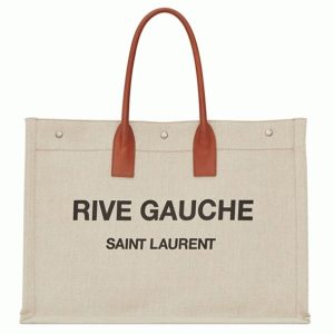 Sac Cabas Saint Laurent Rive Gauche en Lin Blanc et Cuir Marron