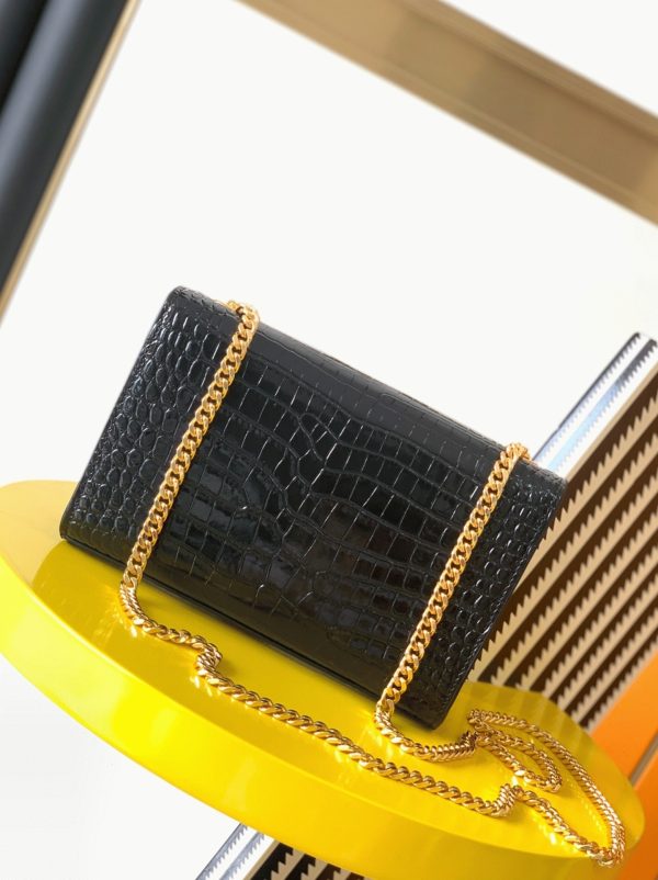 Fausse Sacoche Saint Laurent Kate Small à Frange en Cuir Embossé Crocodile Noir – Image 5