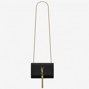 Fausse Sacoche Saint Laurent Kate Small à Frange en Cuir Embossé Crocodile Noir