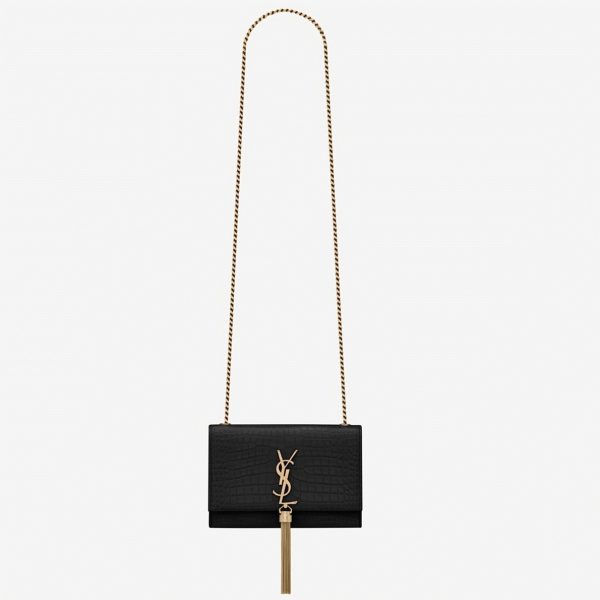 Fausse Sacoche Saint Laurent Kate Small à Frange en Cuir Embossé Crocodile Noir