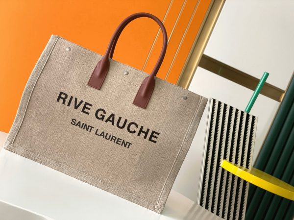Sac Cabas Saint Laurent Rive Gauche en Lin Blanc et Cuir Marron – Image 3