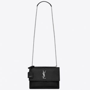 Sac Saint Laurent Sunset Medium à Chaîne en Cuir Embossé Crocodile Noir