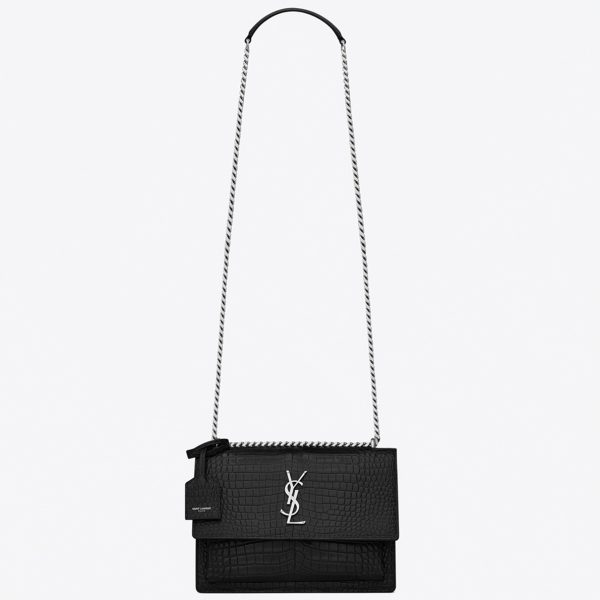 Sac Saint Laurent Sunset Medium à Chaîne en Cuir Embossé Crocodile Noir