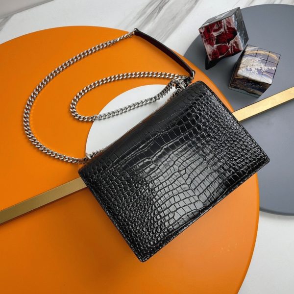 Sac Saint Laurent Sunset Medium à Chaîne en Cuir Embossé Crocodile Noir – Image 6