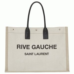 Sac Cabas Saint Laurent Rive Gauche en Lin Blanc et Cuir Noir