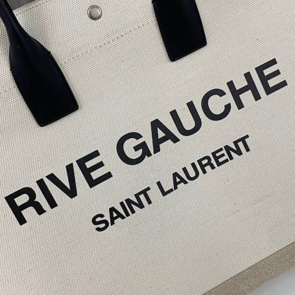 Sac Cabas Saint Laurent Rive Gauche en Lin Blanc et Cuir Noir – Image 9