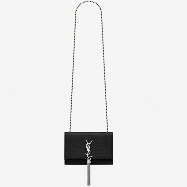 Réplique Sac Saint Laurent Kate Small à Frange en Cuir Embossé Crocodile Noir