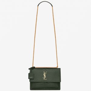 Sac Saint Laurent Sunset Medium à Chaîne en Cuir Embossé Crocodile Vert