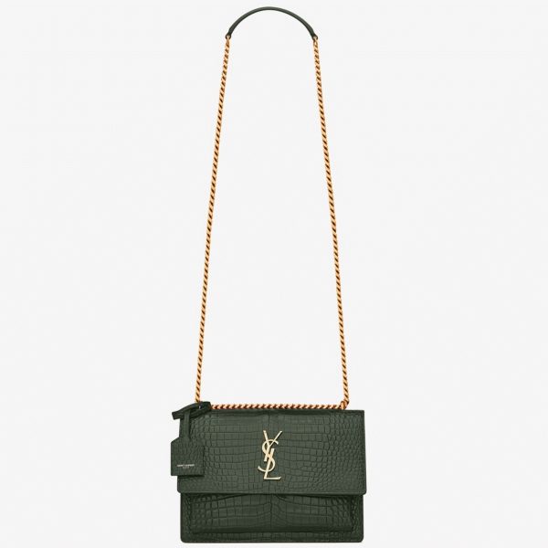 Sac Saint Laurent Sunset Medium à Chaîne en Cuir Embossé Crocodile Vert