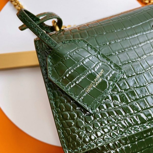 Sac Saint Laurent Sunset Medium à Chaîne en Cuir Embossé Crocodile Vert – Image 7