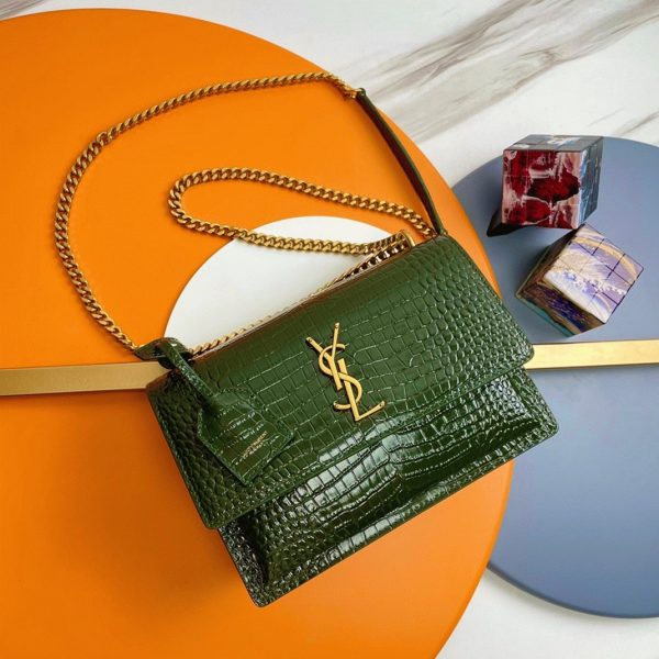 Sac Saint Laurent Sunset Medium à Chaîne en Cuir Embossé Crocodile Vert – Image 4