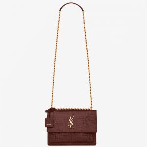 Sac Saint Laurent Sunset Medium à Chaîne en Cuir Embossé Crocodile Bordeaux