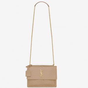 Sac Saint Laurent Sunset Medium à Chaîne en Cuir Embossé Crocodile Beige