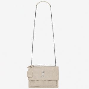 Sac Saint Laurent Sunset Medium à Chaîne en Cuir Embossé Crocodile Ivoire