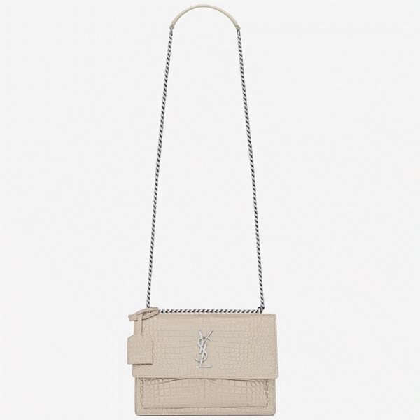 Sac Saint Laurent Sunset Medium à Chaîne en Cuir Embossé Crocodile Ivoire