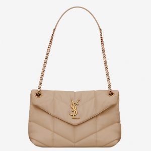 Sac Saint Laurent Puffer Small à Chaîne en Cuir d’Agneau Beige