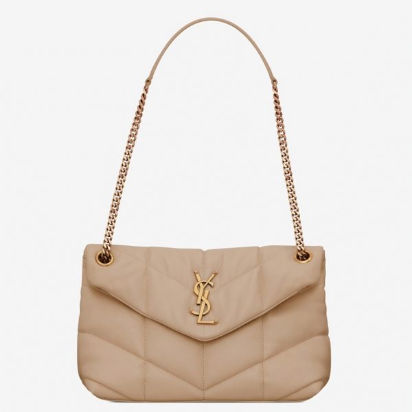 Sac Saint Laurent Puffer Small à Chaîne en Cuir d’Agneau Beige