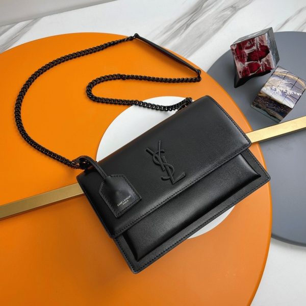 Sac Saint Laurent Sunset Medium à Chaîne Noir Intégral en Cuir de Veau – Image 10