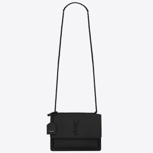 Sac Saint Laurent Sunset Medium à Chaîne Noir Intégral en Cuir de Veau