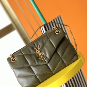Sac Saint Laurent Puffer Small à Chaîne en Cuir d’Agneau Vert Armée