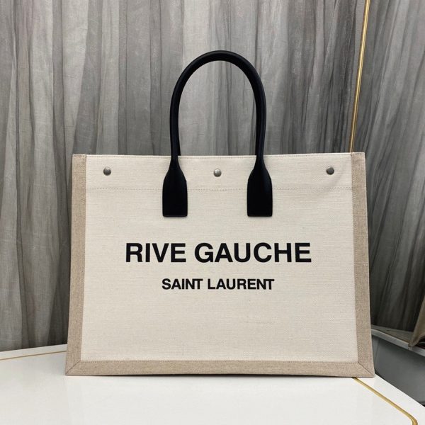 Sac Cabas Saint Laurent Rive Gauche en Lin Blanc et Cuir Noir – Image 3