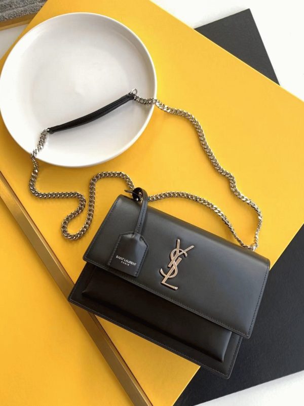 Sac Saint Laurent Sunset Medium à Chaîne en Cuir de Veau Noir – Image 10
