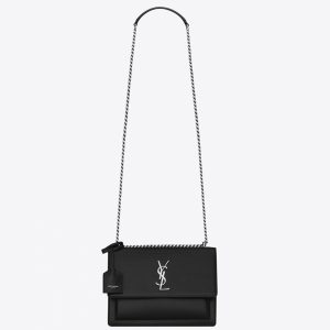 Sac Saint Laurent Sunset Medium à Chaîne en Cuir de Veau Noir