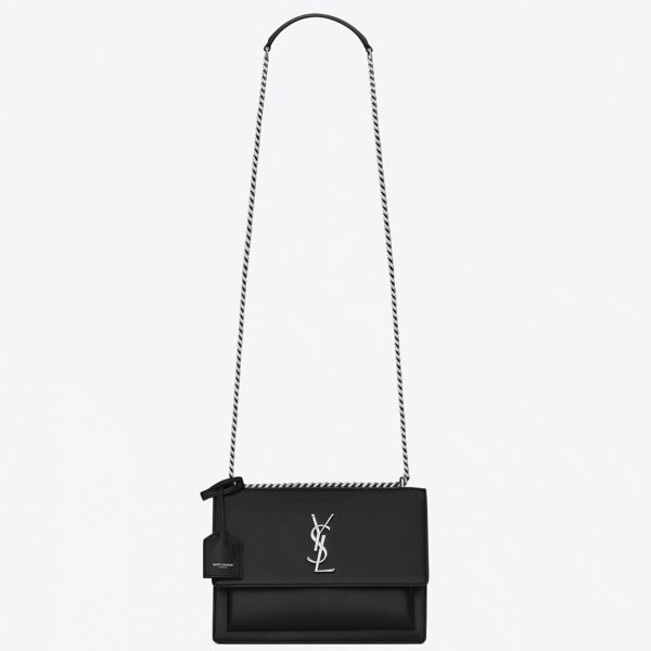 Sac Saint Laurent Sunset Medium à Chaîne en Cuir de Veau Noir