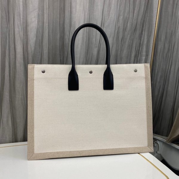 Sac Cabas Saint Laurent Rive Gauche en Lin Blanc et Cuir Noir – Image 2