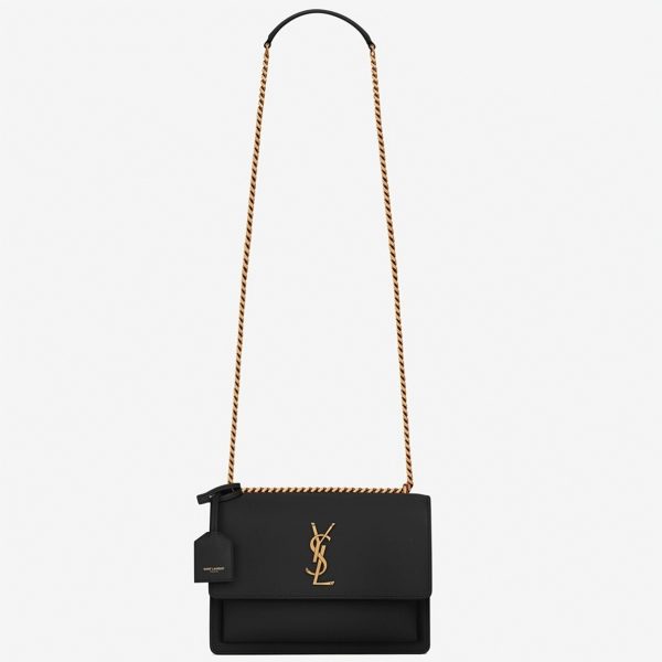 Sac Saint Laurent Sunset Medium à Chaîne en Cuir de Veau Noir