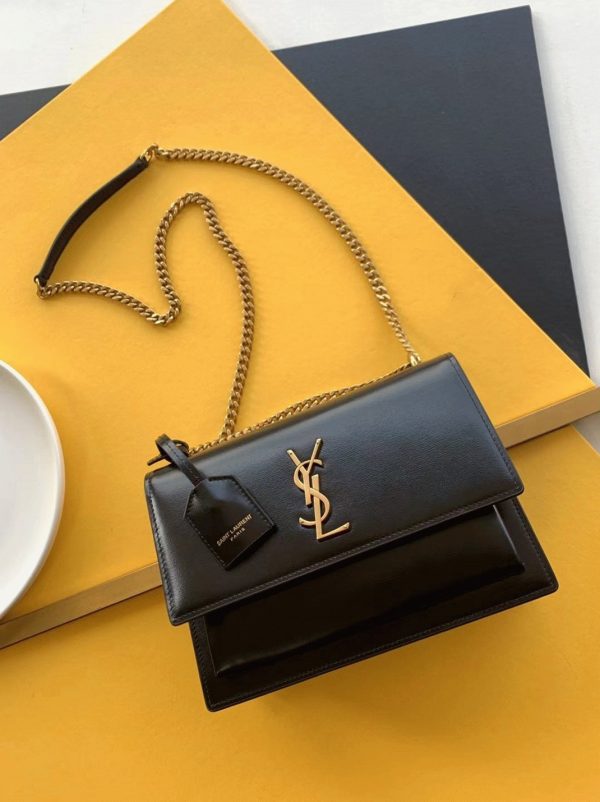 Sac Saint Laurent Sunset Medium à Chaîne en Cuir de Veau Noir – Image 4