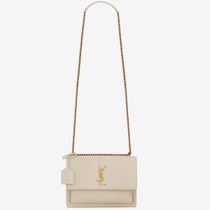 Sac Saint Laurent Sunset Medium à Chaîne en Cuir de Veau Blanc