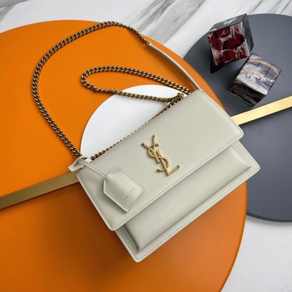 Sac Saint Laurent Sunset Medium à Chaîne en Cuir de Veau Blanc – Image 6
