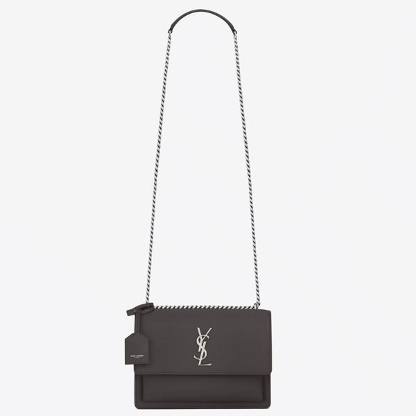 Sac Saint Laurent Sunset Medium à Chaîne en Cuir de Veau Gris