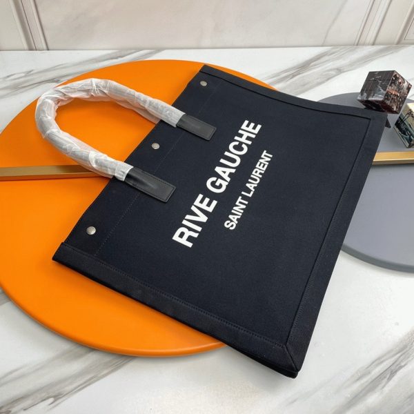 Sac Cabas Saint Laurent Rive Gauche en Lin Noir et Cuir – Image 5