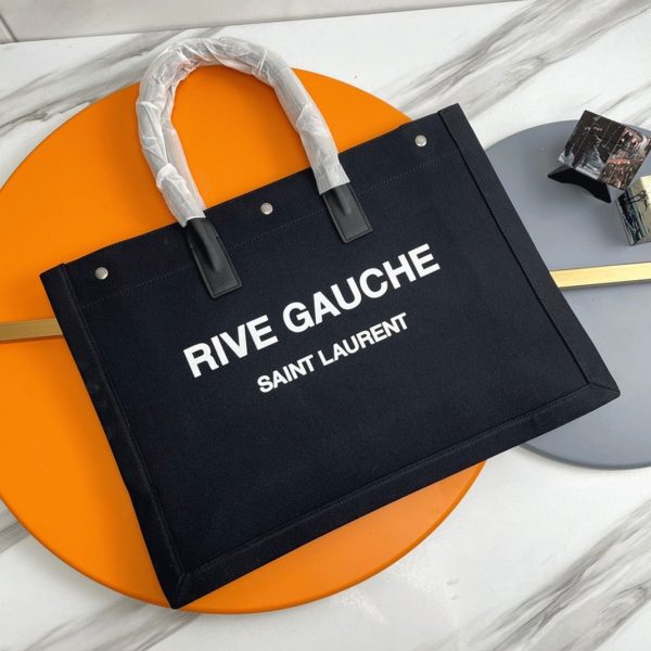 Sac Cabas Saint Laurent Rive Gauche en Lin Noir et Cuir – Image 4