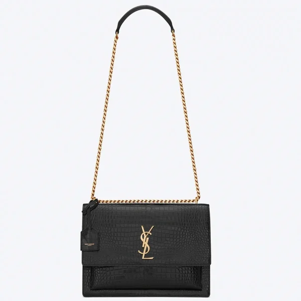 Sac Saint Laurent Sunset Medium à Chaîne en Cuir Embossé Crocodile Noir