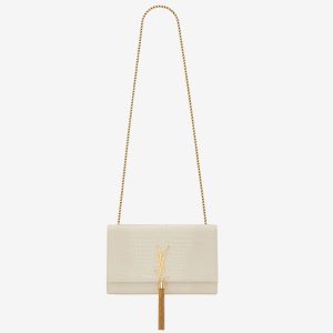 Fausse Sacoche Saint Laurent Kate Medium à Frange en Cuir Embossé Crocodile Blanc
